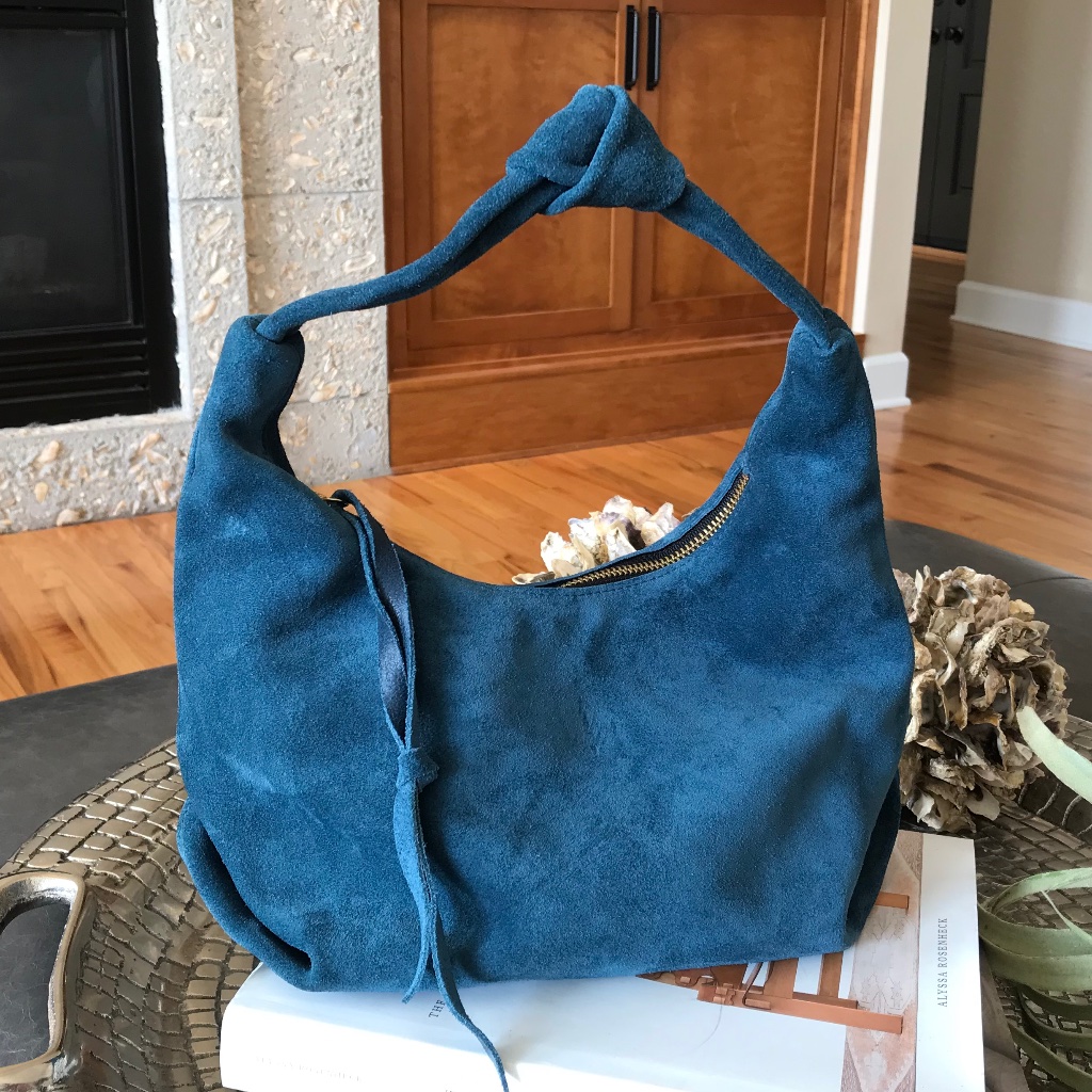 Nwot Oliveve Nora Knot Bag Aegean Italian Suede Hobo Shoulder Bag Blue — image 2 of 8